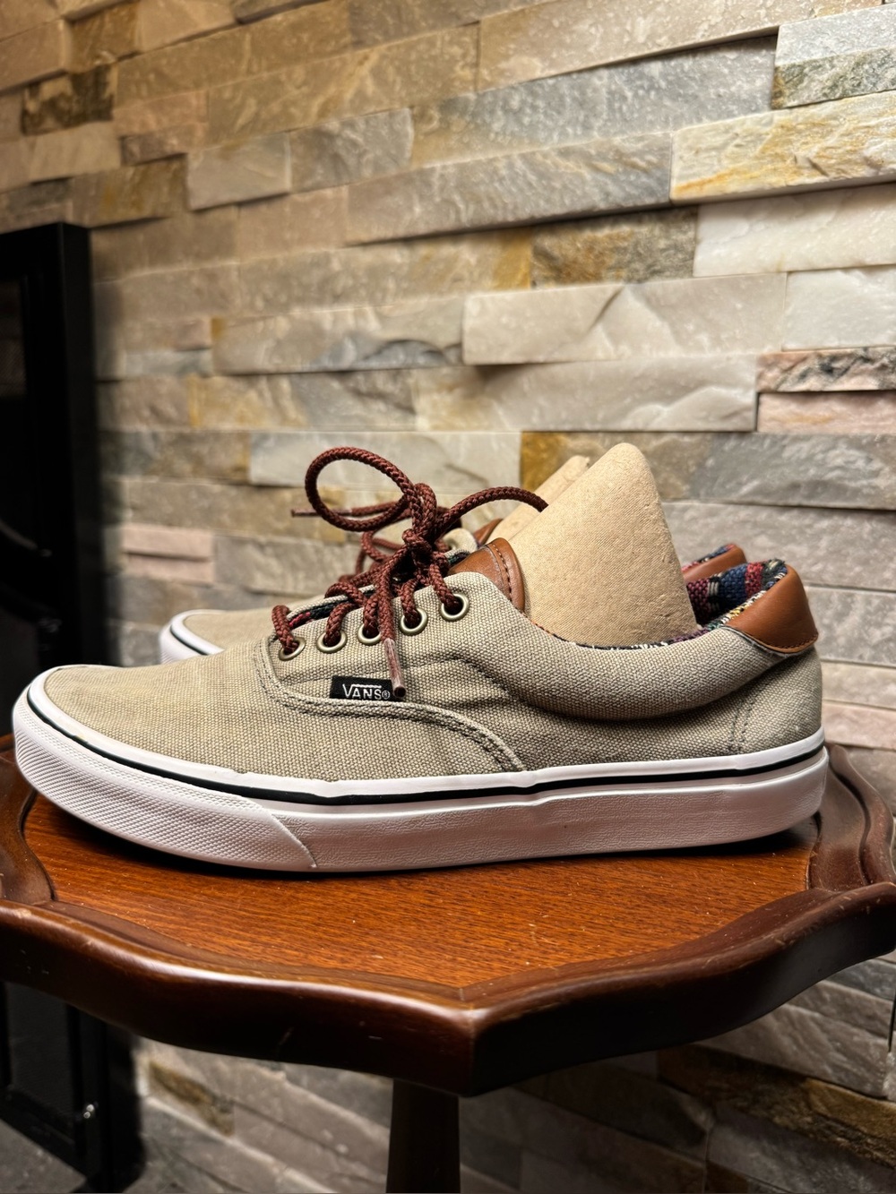 Mens Sz 7.5 W 9 Vans Era 59 Tan Canvas Brown Leather Heel Tab Aztec Design Shoes
